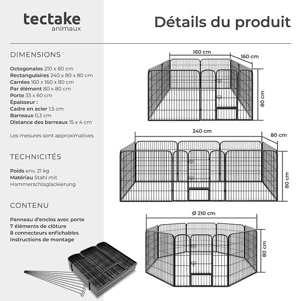 TECTAKE - Enclos modulable pour chien gris portes avec double verrou pliable vernis protection dimensions 210 cm - large