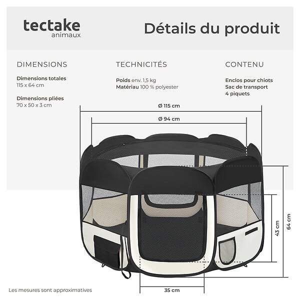 TECTAKE - Parc à chiots 115 x 115 x 64 cm noir - large