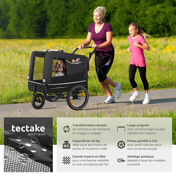 TECTAKE - Remorque vélo pour chien WoofRider multifonction, Pliable, jusqu'à 40kg noir - large