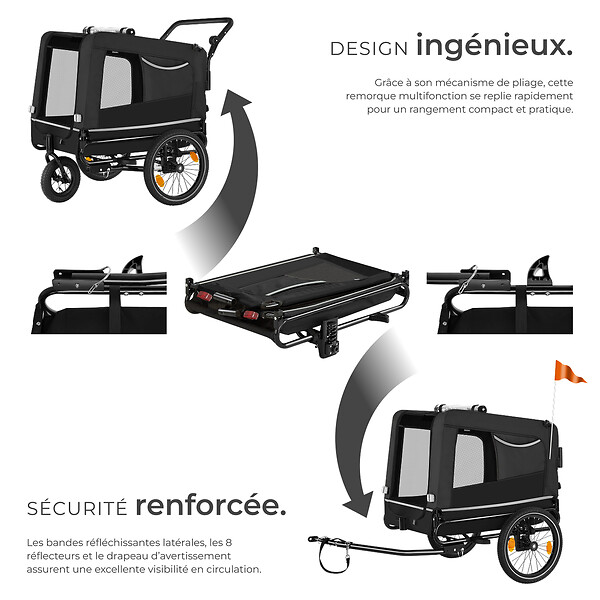 TECTAKE - Remorque vélo pour chien WoofRider multifonction, Pliable, jusqu'à 40kg noir - large