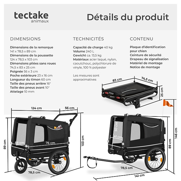 TECTAKE - Remorque vélo pour chien WoofRider multifonction, Pliable, jusqu'à 40kg noir - large