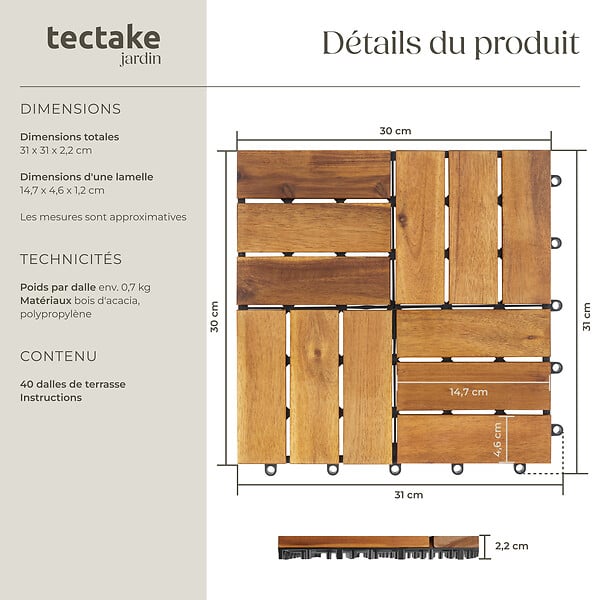 TECTAKE - Dalles de terrasse TABULA 12 lames marron - large