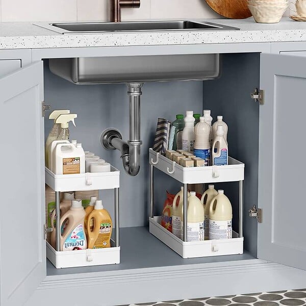 SECURY-T - Rangement sous evier- Étagère cuisine - Blanc - 2 niveaux - large