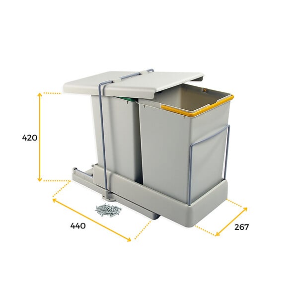EMUCA - Poubelle de recyclage pour montage inférieur et extraction automatique dans l'élément de cuisine 2x14litres, Plastique gris - large