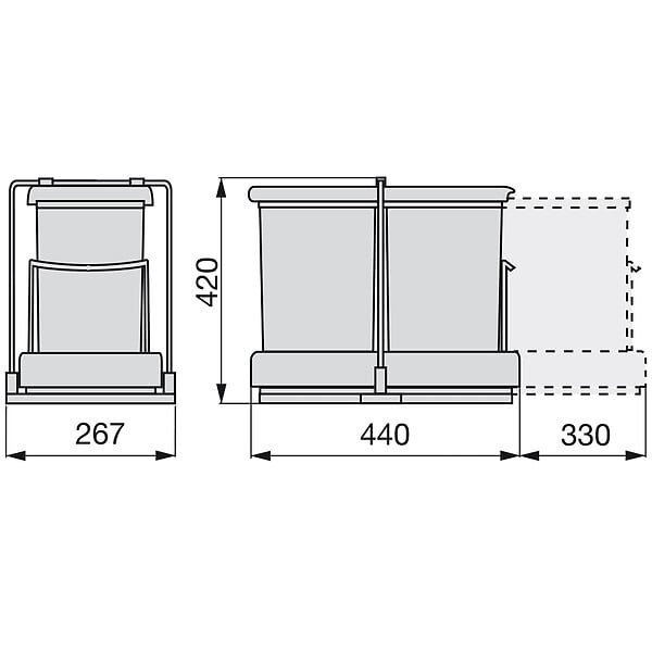 EMUCA - Poubelle de recyclage pour montage inférieur et extraction automatique dans l'élément de cuisine 2x14litres, Plastique gris - large