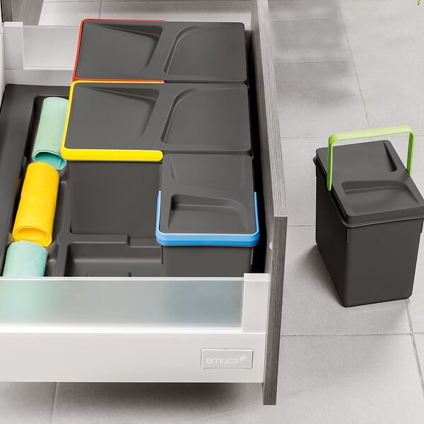 EMUCA - Kit poubelle de tri sélectif pour tiroir de cuisine avec socle Recycle hauteur 266mm, 2x15litres, 2x7litres, module 900mm, Plastique Gris antracite - large