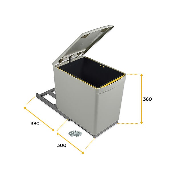 EMUCA - Bac de tri sélectif pour fixation inférieure et extraction manuelle dans module de cuisine 1 x 16 litres et couvercle automatique, Plastique, Gris - large