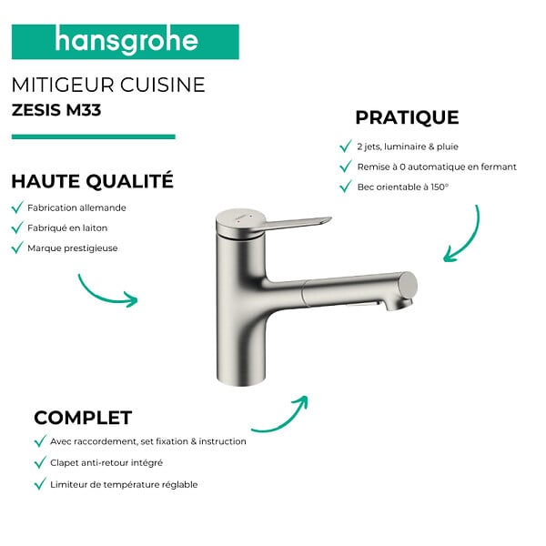 HANSGROHE - Evier 1 bac 980 S52 synthèse noir + robinet de cuisine avec douchette Zesis M33 150 2 jets aspect acier inox - large