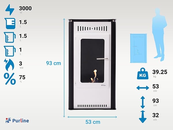 PURLINE - Poêle à éthanol 3kW en acier blanc avec porte en verre trempé - large