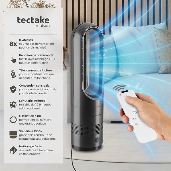 TECTAKE - Ventilateur colonne POLAR avec oscillation à 80° gris anthracite - large