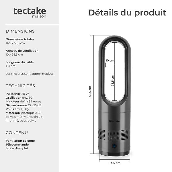 TECTAKE - Ventilateur colonne POLAR avec oscillation à 80° gris anthracite - large