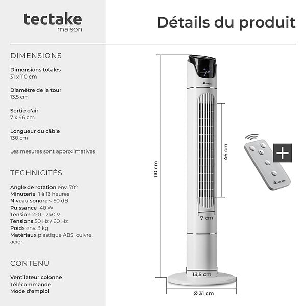 TECTAKE - Ventilateur colonne 110 cm blanc - large