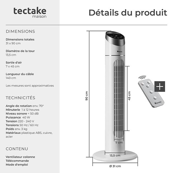 TECTAKE - Ventilateur colonne 90 cm blanc - large