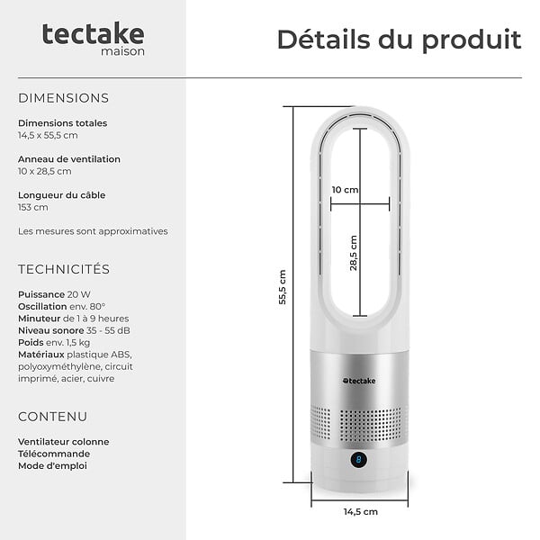 TECTAKE - Ventilateur colonne POLAR avec oscillation à 80° blanc - large