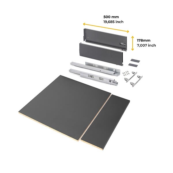 EMUCA - Kit de tiroirs pour cuisine ou salle de bains Vertex avec réglages 3D, hauteur 178mm, avec panneaux inclus, module 600mm, Gris antracite - large