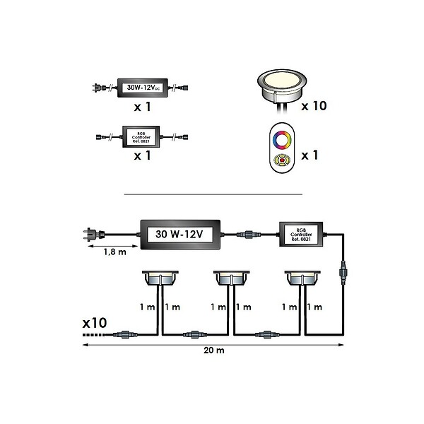 DECKLINEA - 10 Spots LED à Encastrer - RGB - Telecommande + Transformateur 30W - SIROS - Ø60mm - Ø perçage 41mm - Plug & Play - Basse Intensité - large