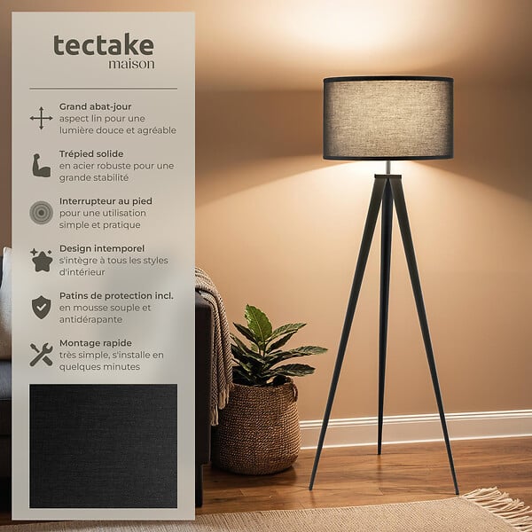 TECTAKE - Lampadaire Lunaris, abat-jour en tissu, trépied noir - large