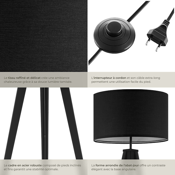 TECTAKE - Lampadaire Lunaris, abat-jour en tissu, trépied noir - large