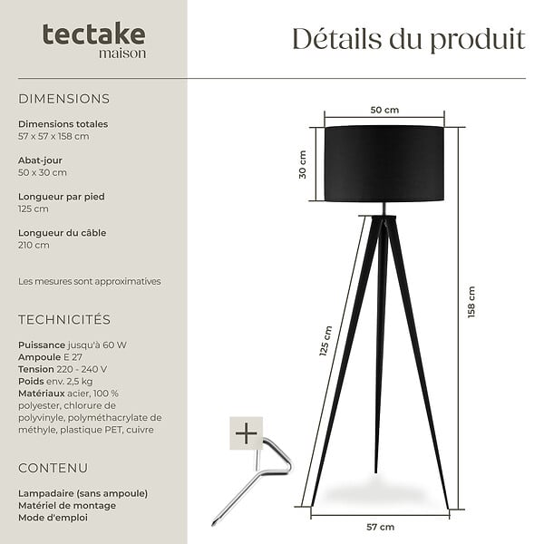 TECTAKE - Lampadaire Lunaris, abat-jour en tissu, trépied noir - large