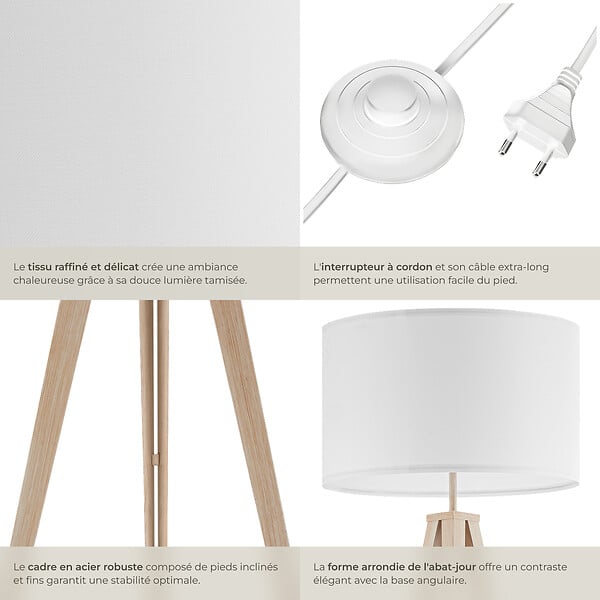 TECTAKE - Lampadaire Lunaris, abat-jour en tissu, trépied marron chêne - large