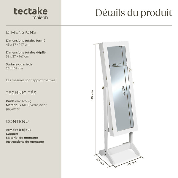 TECTAKE - Armoire à bijoux avec miroir blanc - large