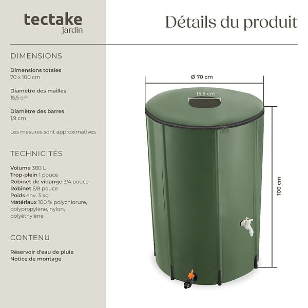 TECTAKE - Récupérateur d'eau de pluie  vert - large