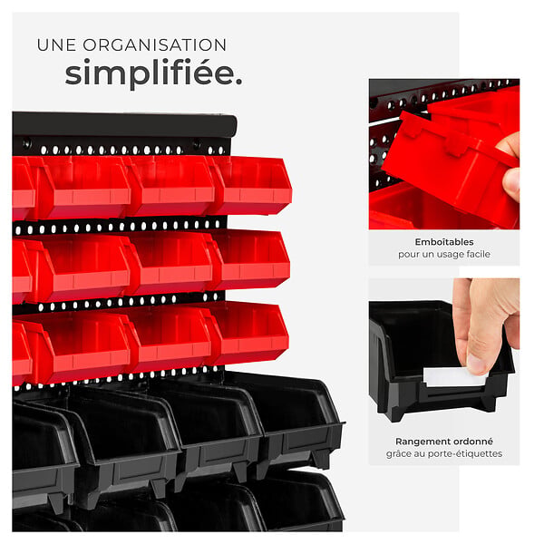 TECTAKE - Etagère murale avec 30 bacs de rangement noir - large