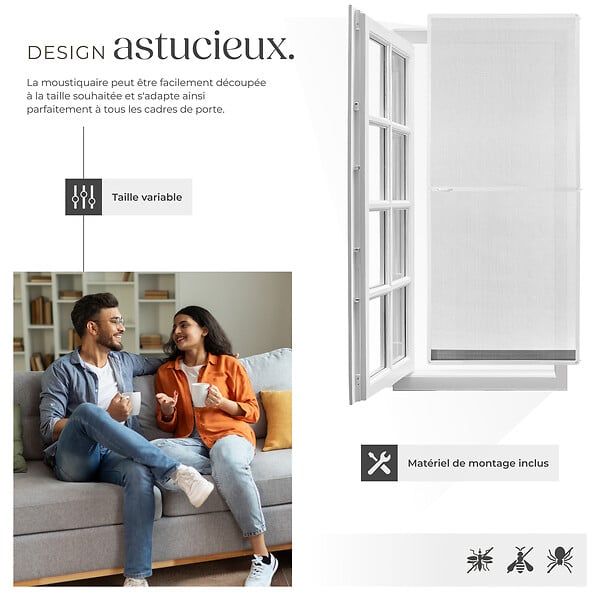 TECTAKE - Moustiquaire pour les portes cadre en aluminium blanc découpable 95 x 210 cm tissu en fibre de verre résistant aux intempéries - large