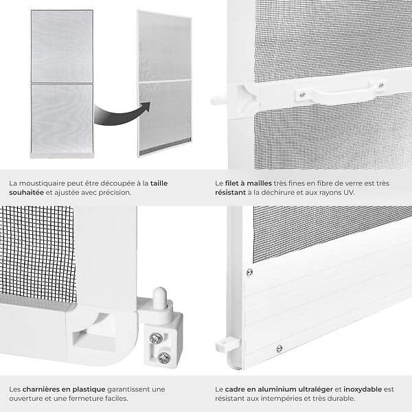 TECTAKE - Moustiquaire pour les portes cadre en aluminium blanc découpable 95 x 210 cm tissu en fibre de verre résistant aux intempéries - large