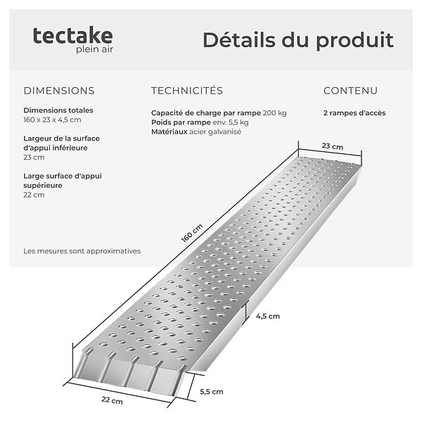TECTAKE - Rampes d'accès Sven, lot de 2, 400 kg de capacité de poids et antidérapantes argent - large