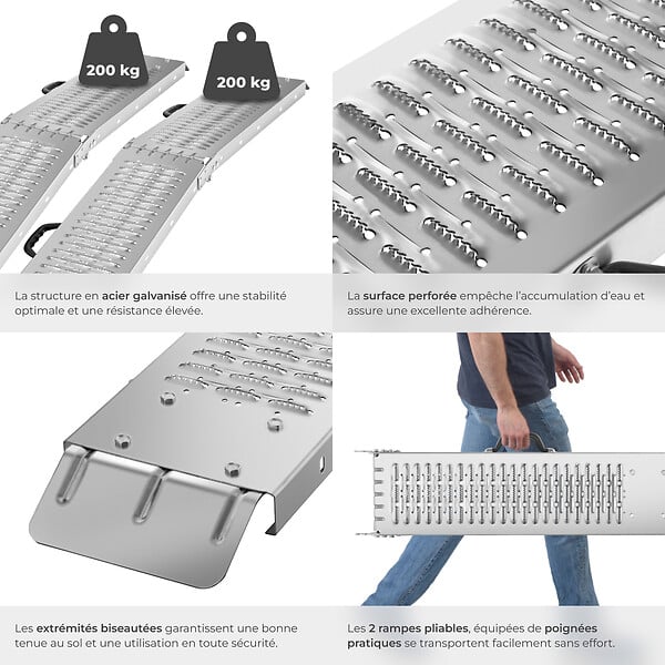 TECTAKE - Rampes d'accès Björn, Lot de 2, Pliables, Capacité de poids 400 kg argent - large