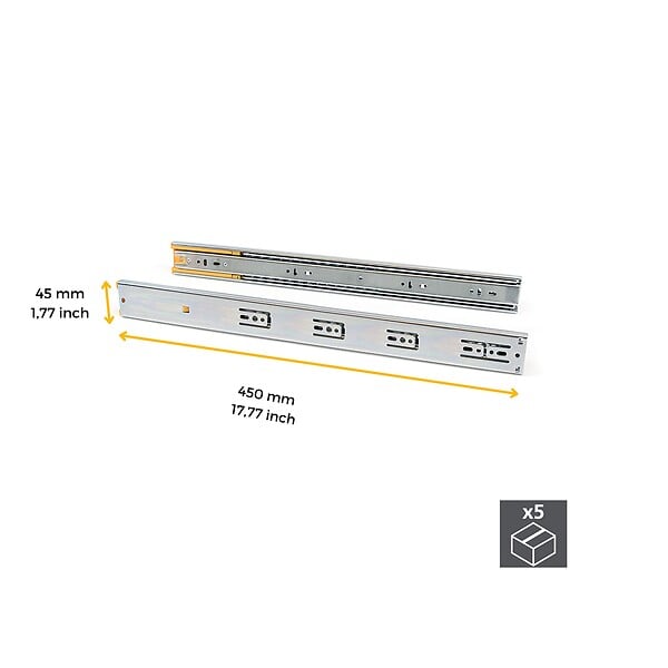 EMUCA - Lot de 5 paires de coulisses pour tiroirs - à billes - 45 x 450 mm - Fermeture amortie - Zingué - large