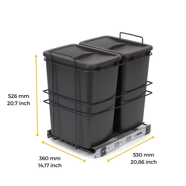EMUCA - poubelle de recyclage pour montage inférieur et extraction manuelle pour meuble de cuisine Recycle 2x35litres, Plastique gris anthracite - large