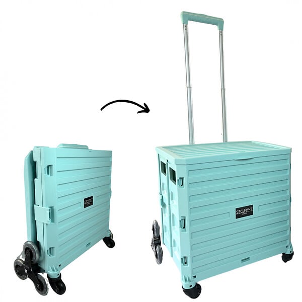 SECURY-T - Chariot de course 8 roues - Pliable - Plastique - Avec Couvercle - Bleu Turquoise - 70Kg - large