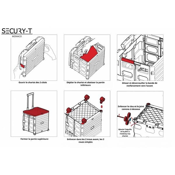 SECURY-T - Chariot de course 8 roues - Pliable - Plastique - Avec Couvercle - Bleu Turquoise - 70Kg - large