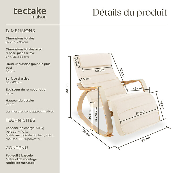 TECTAKE - Fauteuil à bascule Onda beige - large