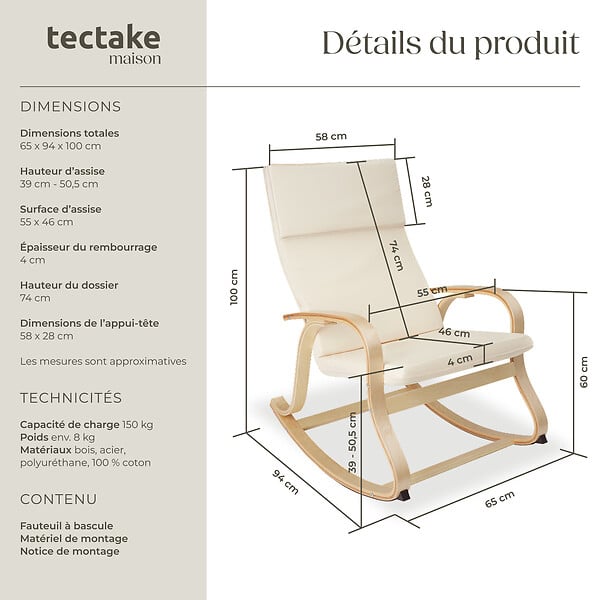 TECTAKE - Fauteuil à bascule Roca beige - large