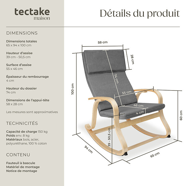 TECTAKE - Fauteuil à bascule Roca gris clair - large
