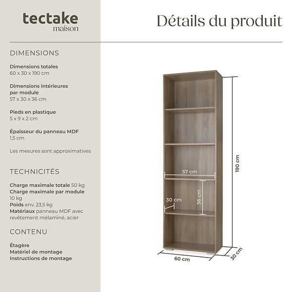 TECTAKE - Bibliothèque Lexi 5 étagères Bois clair, Chêne Sonoma - large