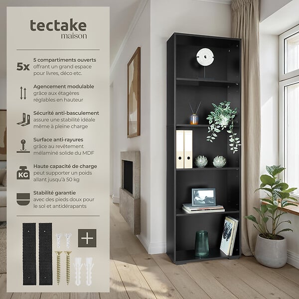 TECTAKE - Bibliothèque Lexi 5 étagères noir - large