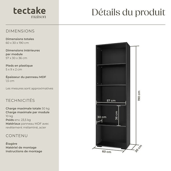 TECTAKE - Bibliothèque Lexi 5 étagères noir - large