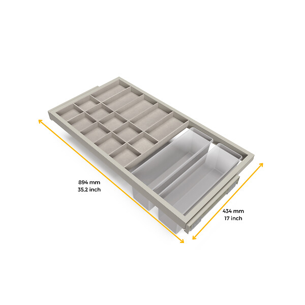 EMUCA - Kit de organisateur de tiroirs, plateau auxiliaire et cadre de coulissage soft close pour armoires, réglable, module 900mm, Gris pierre - large