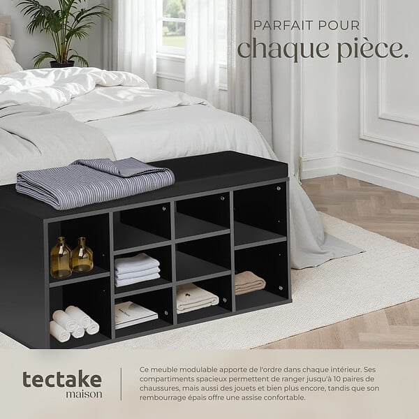 TECTAKE - Meuble à chaussures Banc de rangement avec coussin d'assise 103,5x48x30cm noir - large