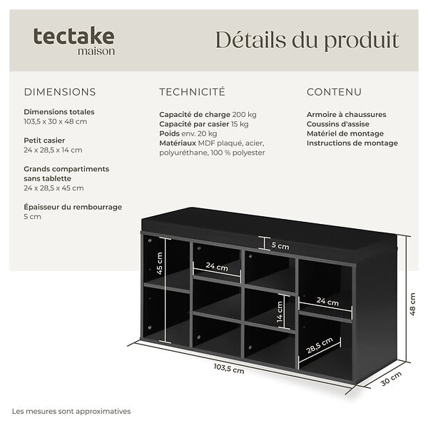 TECTAKE - Meuble à chaussures Banc de rangement avec coussin d'assise 103,5x48x30cm noir - large