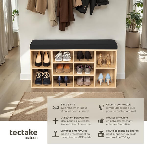 TECTAKE - Meuble à chaussures Banc de rangement avec coussin d'assise 103,5x48x30cm noir/marron chêne clair - large