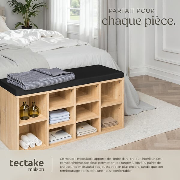TECTAKE - Meuble à chaussures Banc de rangement avec coussin d'assise 103,5x48x30cm noir/marron chêne clair - large