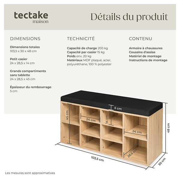 TECTAKE - Meuble à chaussures Banc de rangement avec coussin d'assise 103,5x48x30cm noir/marron chêne clair - large