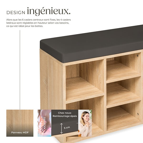 TECTAKE - Meuble à chaussures Banc de rangement avec coussin d'assise 103,5x48x30cm gris foncé/marron chêne clair - large