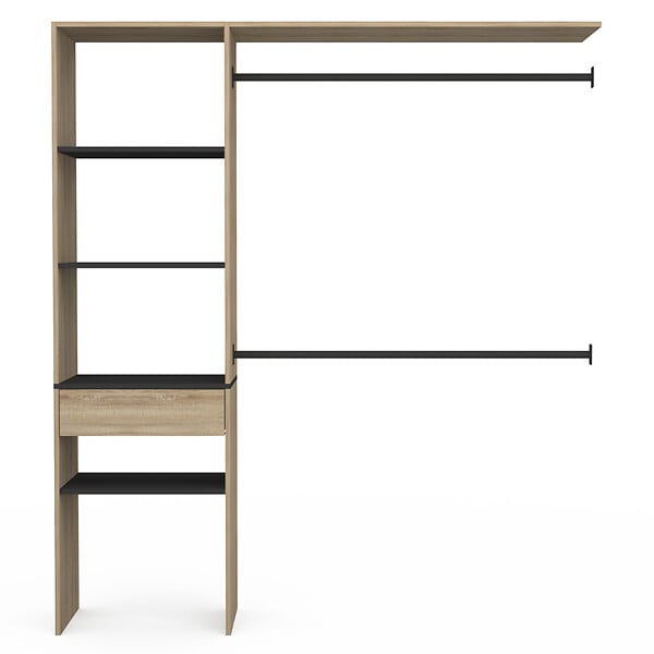 ID MARKET - Kit dressing MELINE 160 x 40 x 180 cm hêtre avec étagères noires + tiroir + double penderie - large