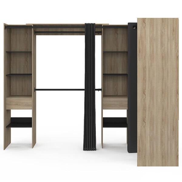 ID MARKET - Dressing extensible d'angle MARLON 230 x 140 x 180 cm hêtre avec penderies + étagères + rideaux noirs - large
